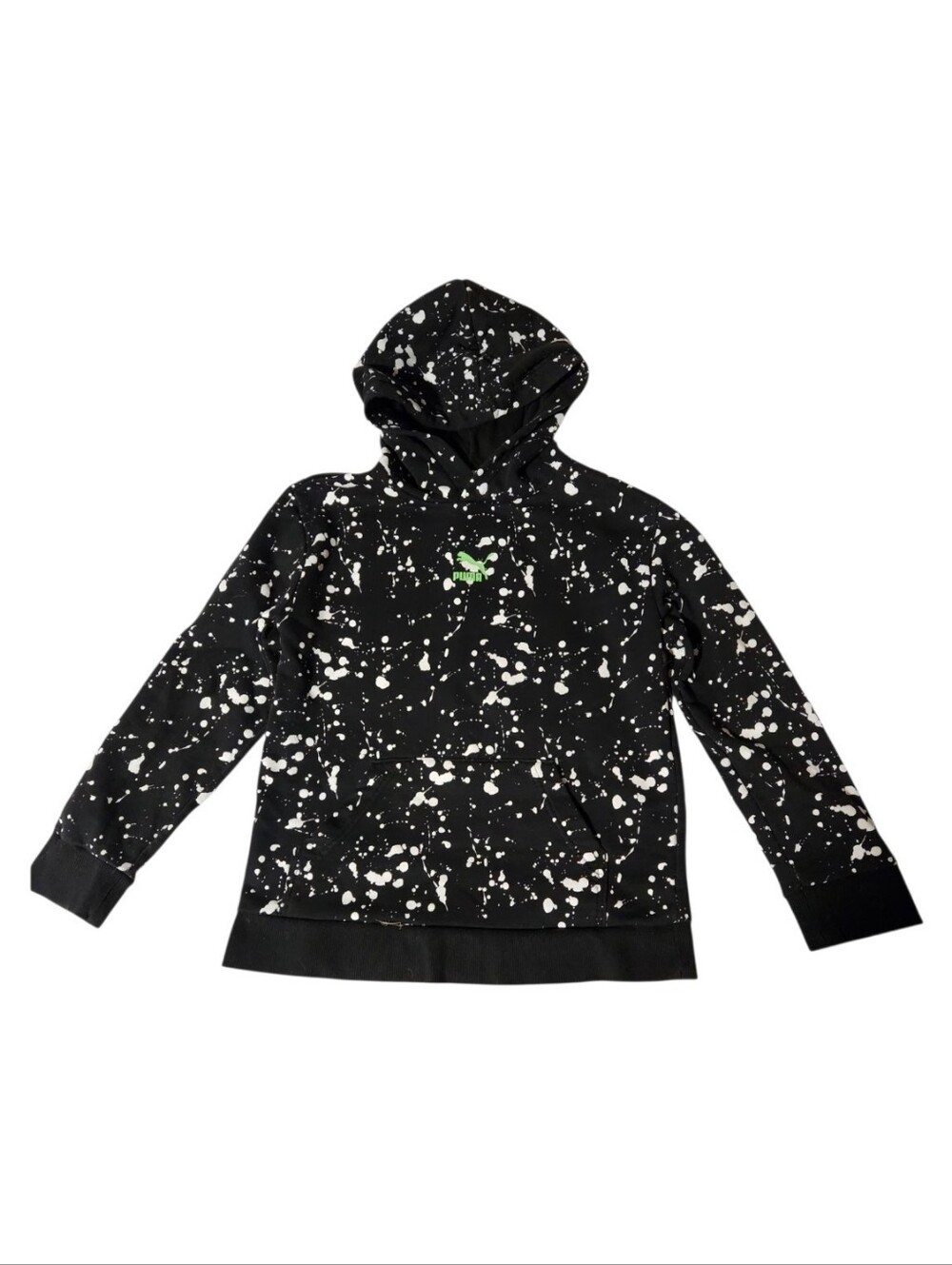 Puma Boys Hoodie Size 10/12 Black White Splatter Paint Print Lime Green Logo